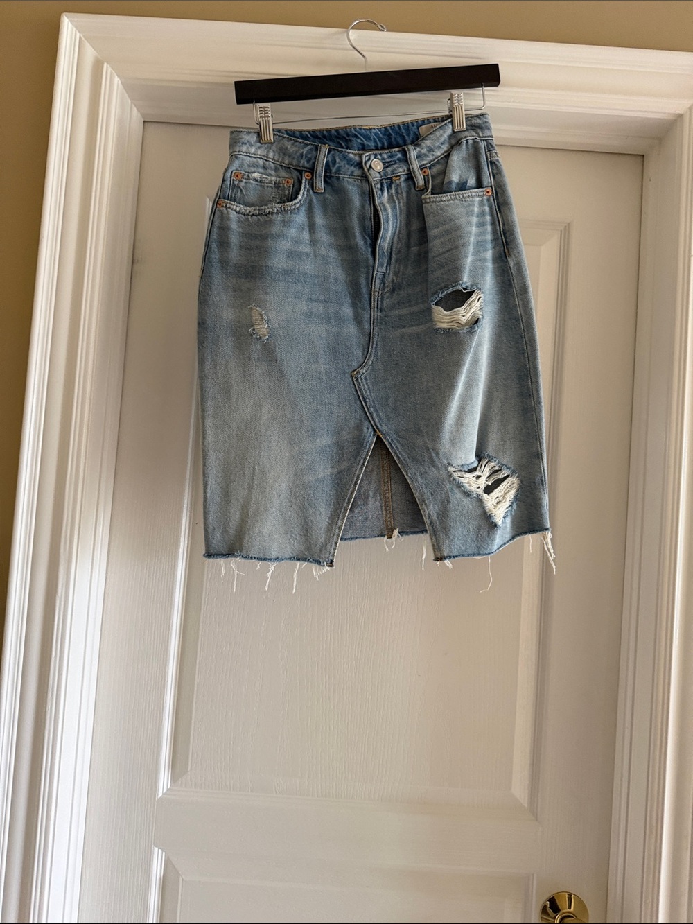 All Saints Light Blue Distressed Denim Midi Skirt
